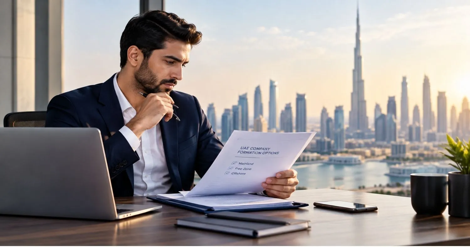 Entrepreneur reviewing UAE company formation options with Dubai skyline in the background